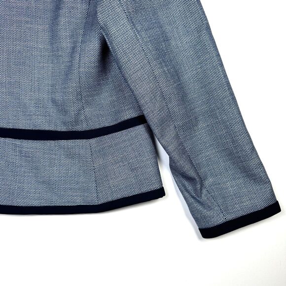 Talbots Blazer Womens 12P Blue Textured Open Front Contrast Trim Detail Jacket - Picture 8 of 13